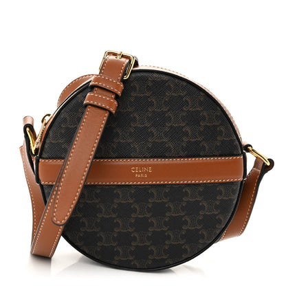 Celine Lambskin Triomphe Canvas Round Purse On Strap Black Tan 1 of 10