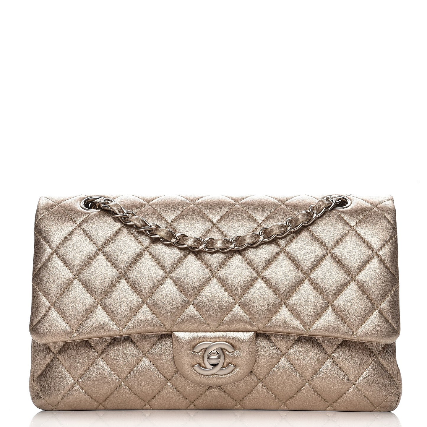 Metallic Lambskin Quilted Medium Double Flap Light Gold