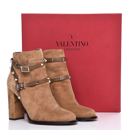 Valentino Garavani Suede Rockstud Double Buckle 100mm Block Heel Ankle Boots 38.5 Nocciola 9 of 9