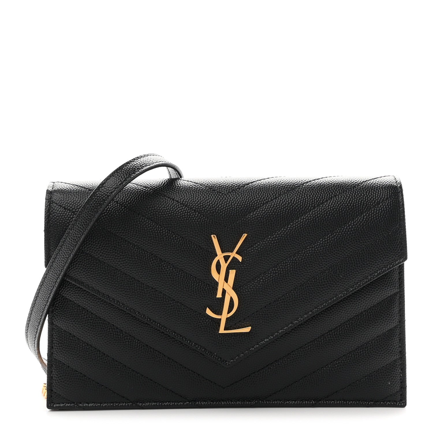 Saint Laurent Grain De Poudre Matelasse Chevron Monogram Envelope Chain Wallet Black 1 of 10