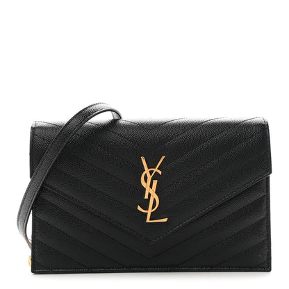 Saint Laurent Grain De Poudre Matelasse Chevron Monogram Envelope Chain Wallet Black 1 of 10