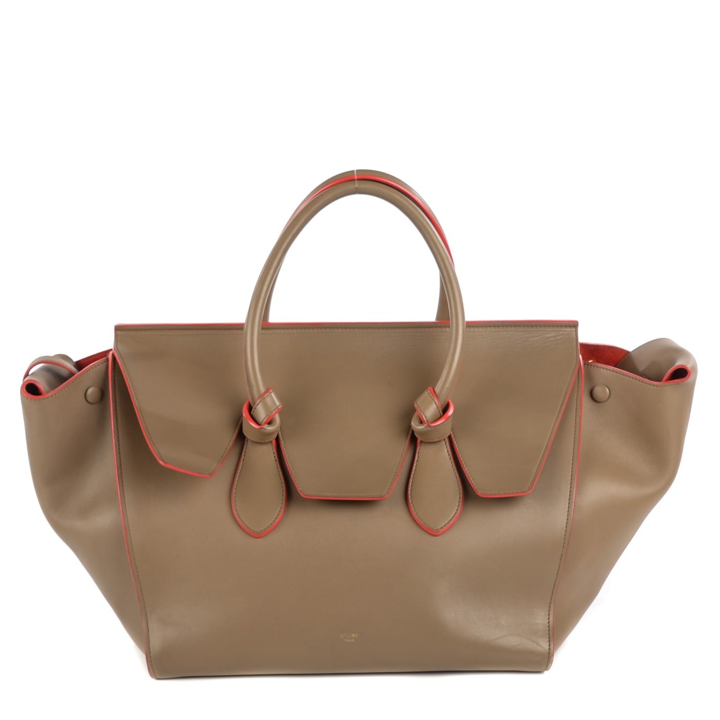 Natural Calfskin Medium Tie Knot Tote Dark Beige Orange Trim
