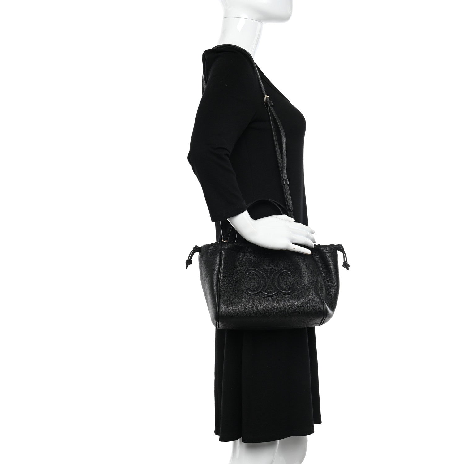 Celine Calfskin Cuir Small Triomphe Cabas Drawstring Black 2 of 10