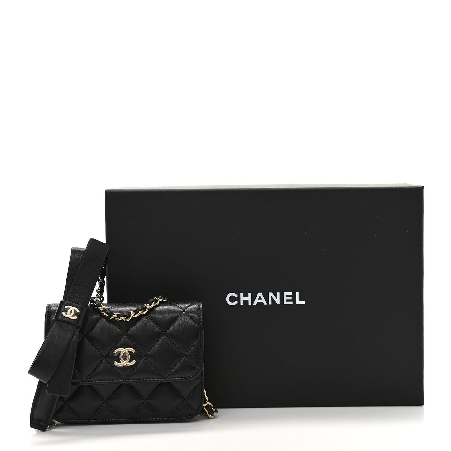 Lambskin Quilted Mini Coco Bow Clutch With Chain Black