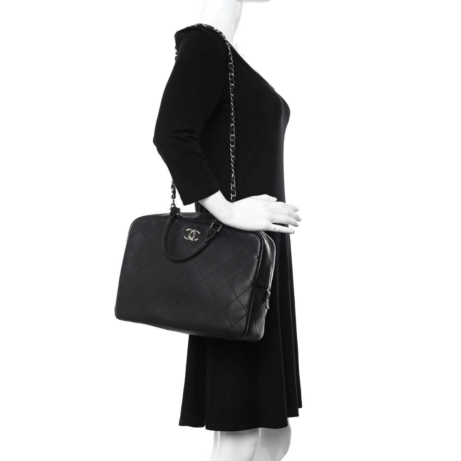 Chanel Calfskin Diamond Stitched Top Handle Bowling Bag Black 2 of 12