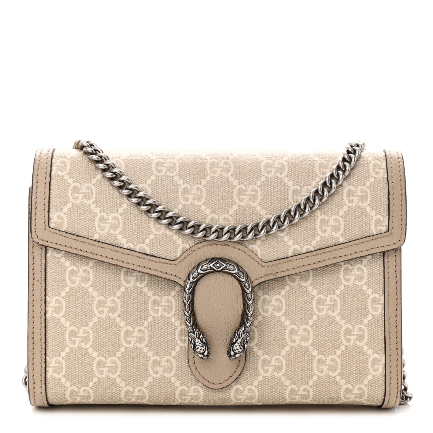 Gucci GG Supreme Monogram Textured Dollar Calfskin Mini Dionysus Chain Wallet Beige Mystic White Oatmeal 1 of 10