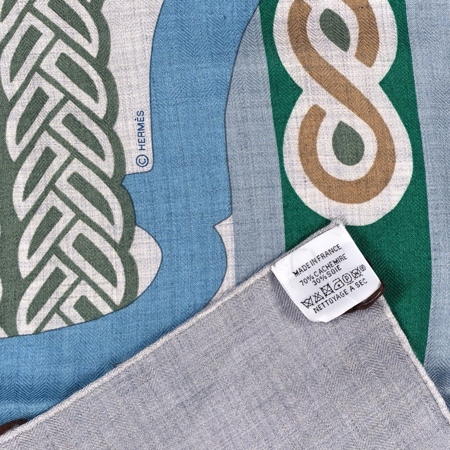 Cashmere Silk Fantaisie D'etriers Shawl 140 Gris Chine Vert Bleu