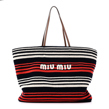 Miu Miu Fabric Crochet Striped Tote Bag Blue Red White 1 of 9