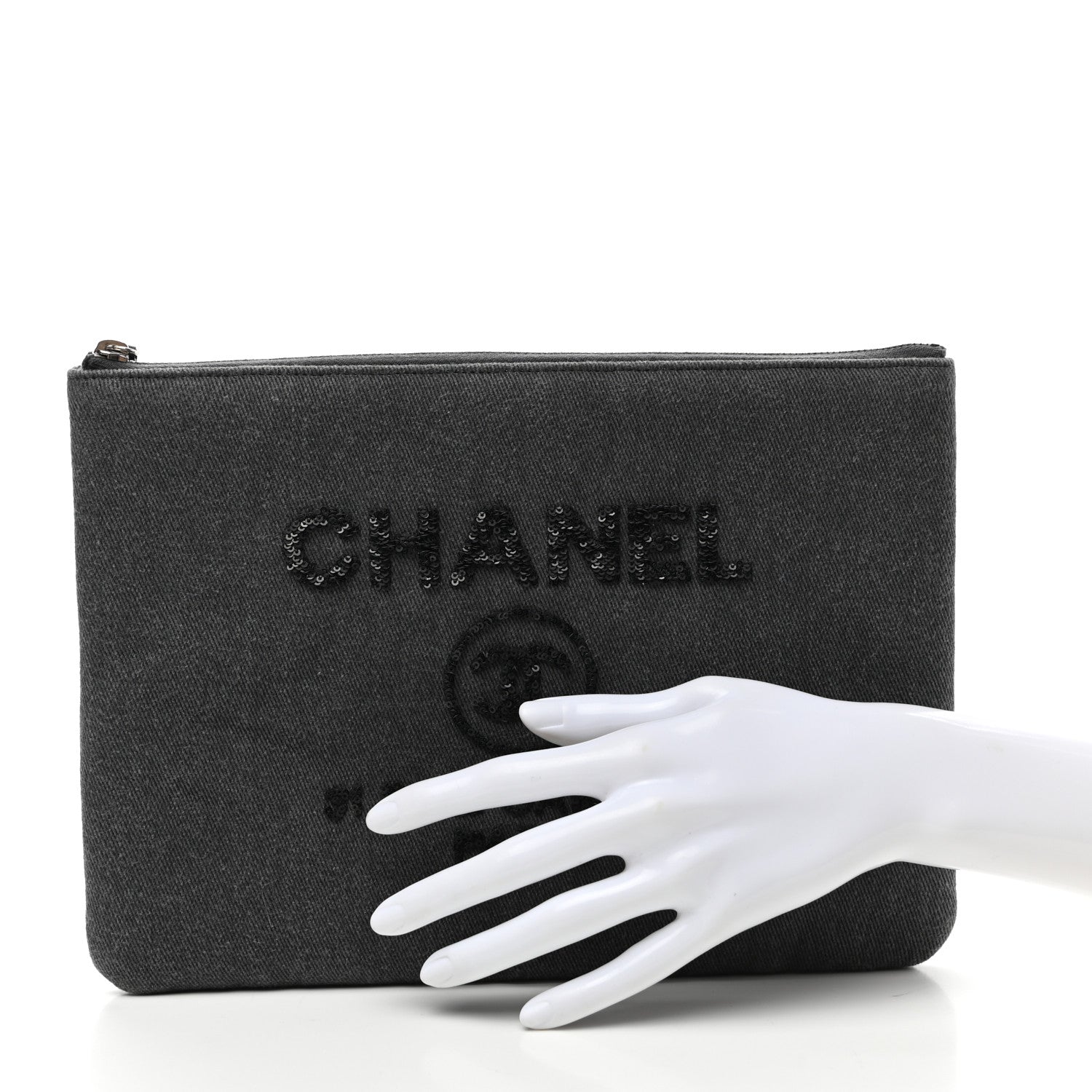 Chanel Canvas Sequins Medium Deauville Cosmetic Pouch Grey 2 of 7