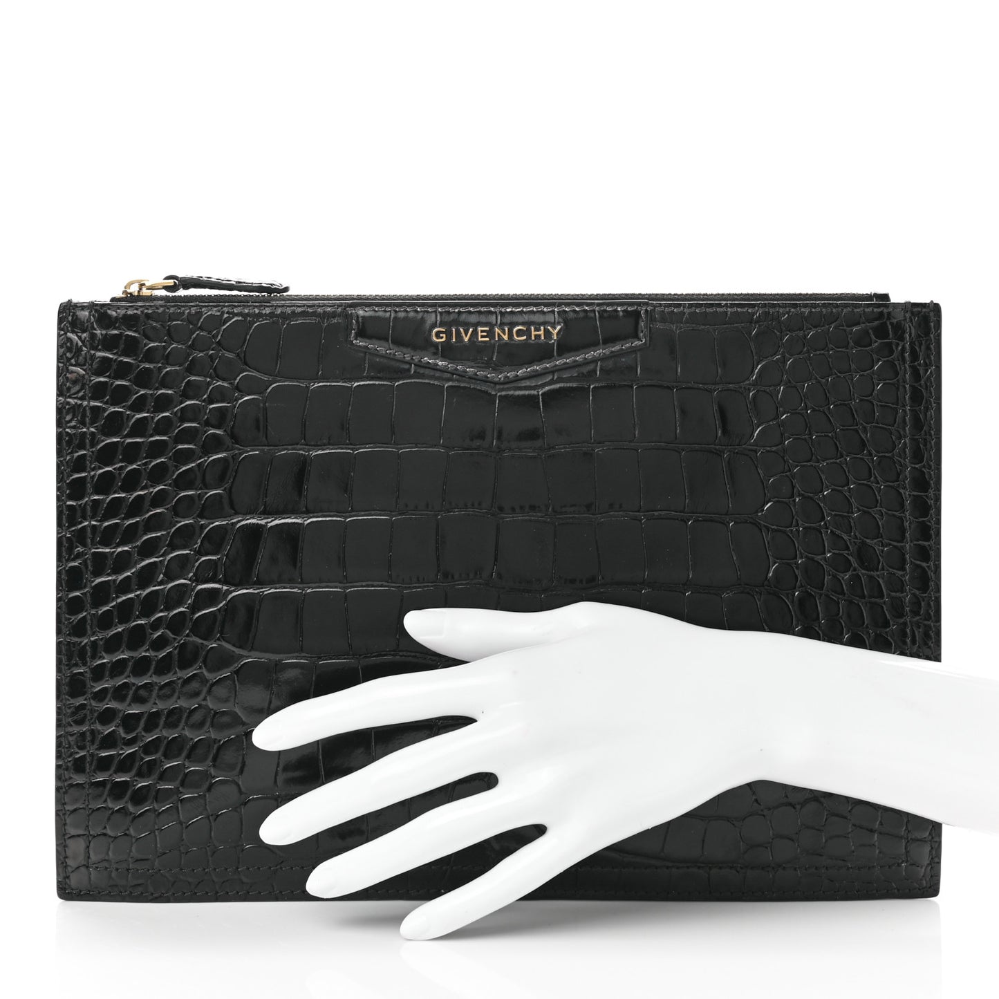 Calfskin Crocodile Embossed Medium Antigona Pouch Black