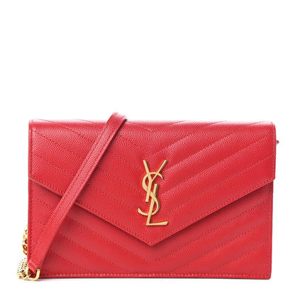 Saint Laurent Grain De Poudre Matelasse Chevron Monogram Envelope Chain Wallet New Red 1 of 9