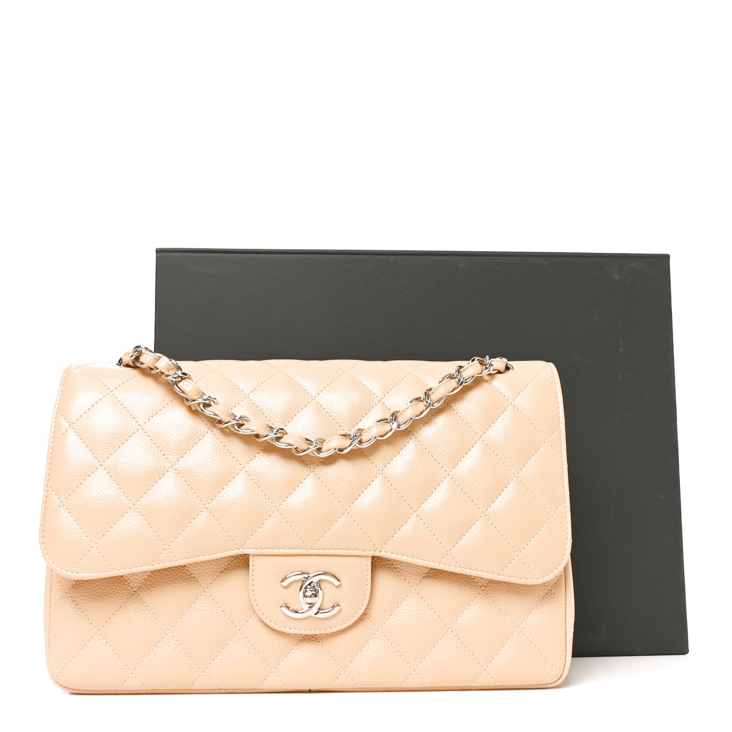 Caviar Quilted Jumbo Double Flap Beige Clair