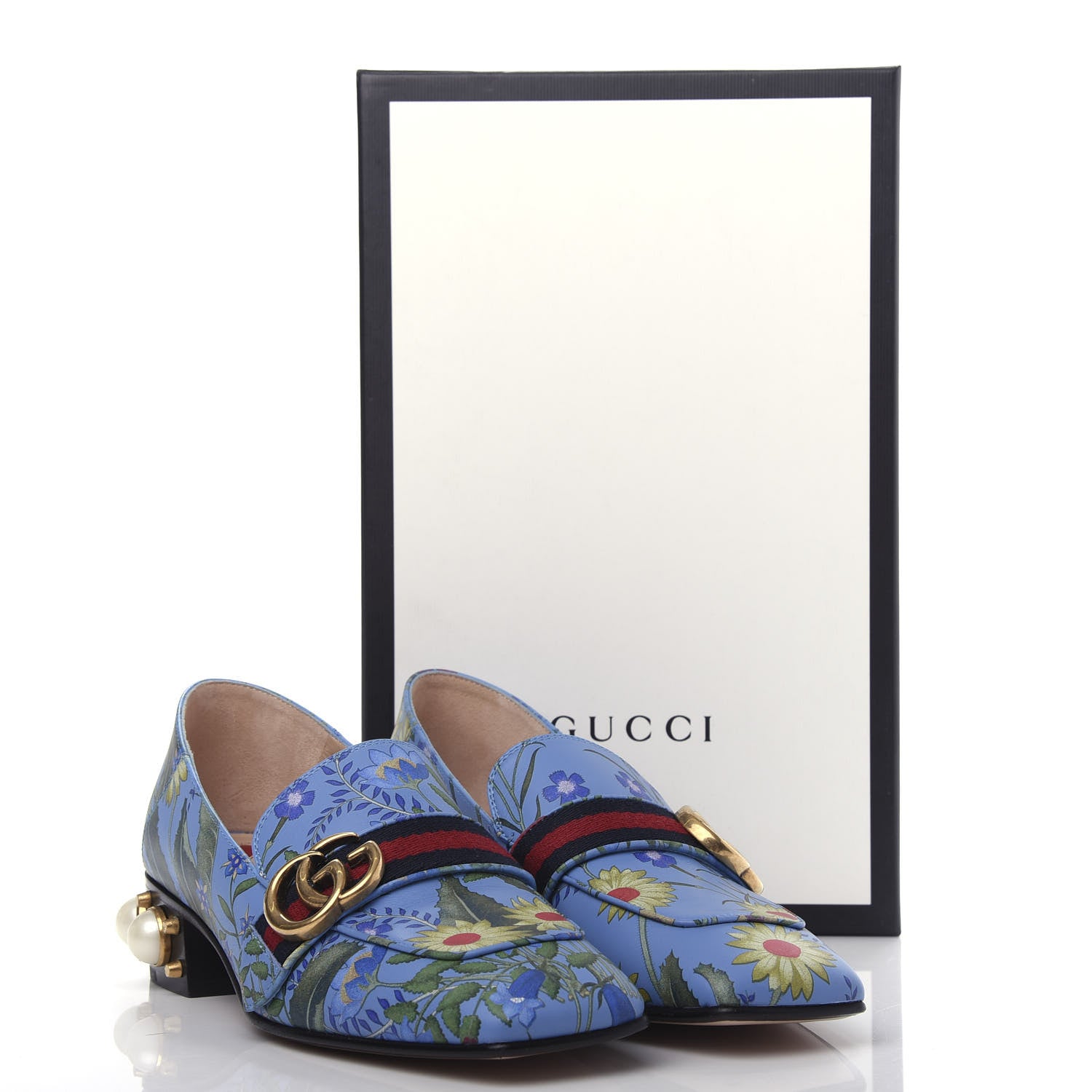 Gucci Apollo Calfskin Web Pearl New Flora Peyton 35mm Loafer Pumps 37.5 Azure 11 of 11