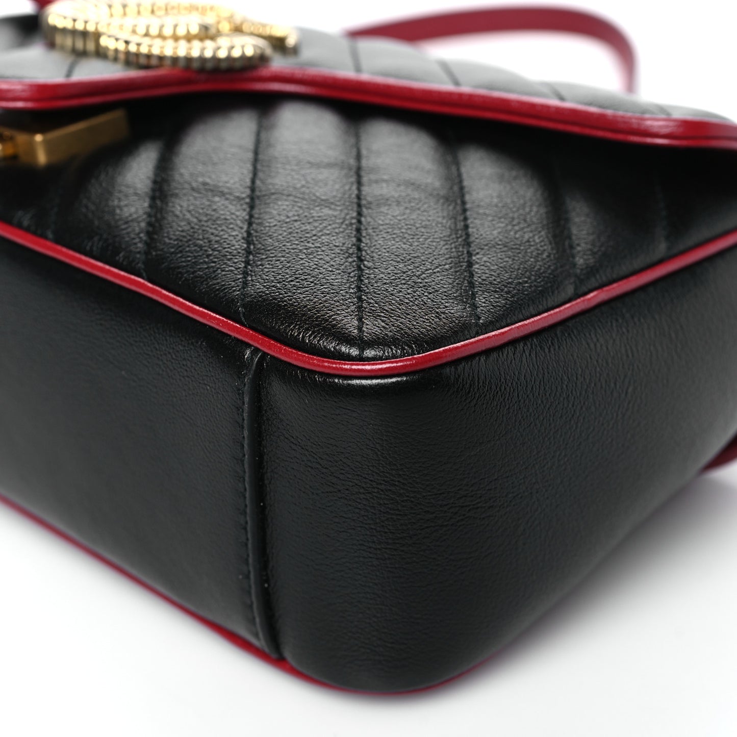 Vintage Effect Calfskin Matelasse Diagonal Small Torchon GG Marmont Shoulder Bag Black Romantic Cherry