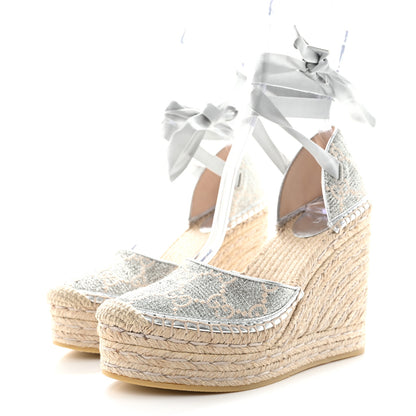 Gucci Lame GG Monogram Ankle Wrap Platform Espadrille Wedges 37 Silver Beige Light Grey 3 of 10