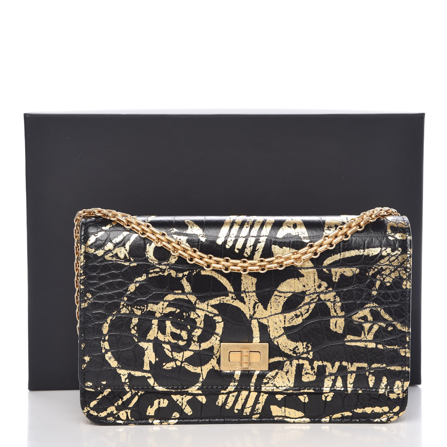 Chanel Calfskin Crocodile Embossed Graffiti 2.55 Cocodile Reissue Wallet On Chain WOC Black Gold 11 of 11