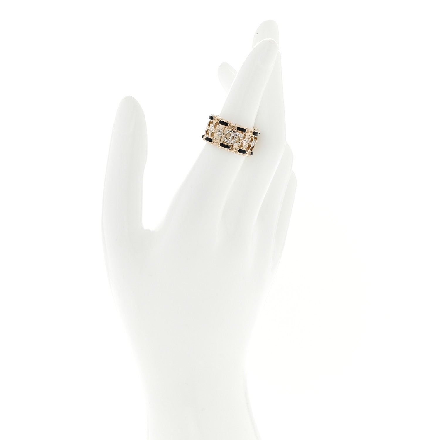 Chanel Metal Crystal Star CC Ring 54 6.75 Gold Black 2 of 5