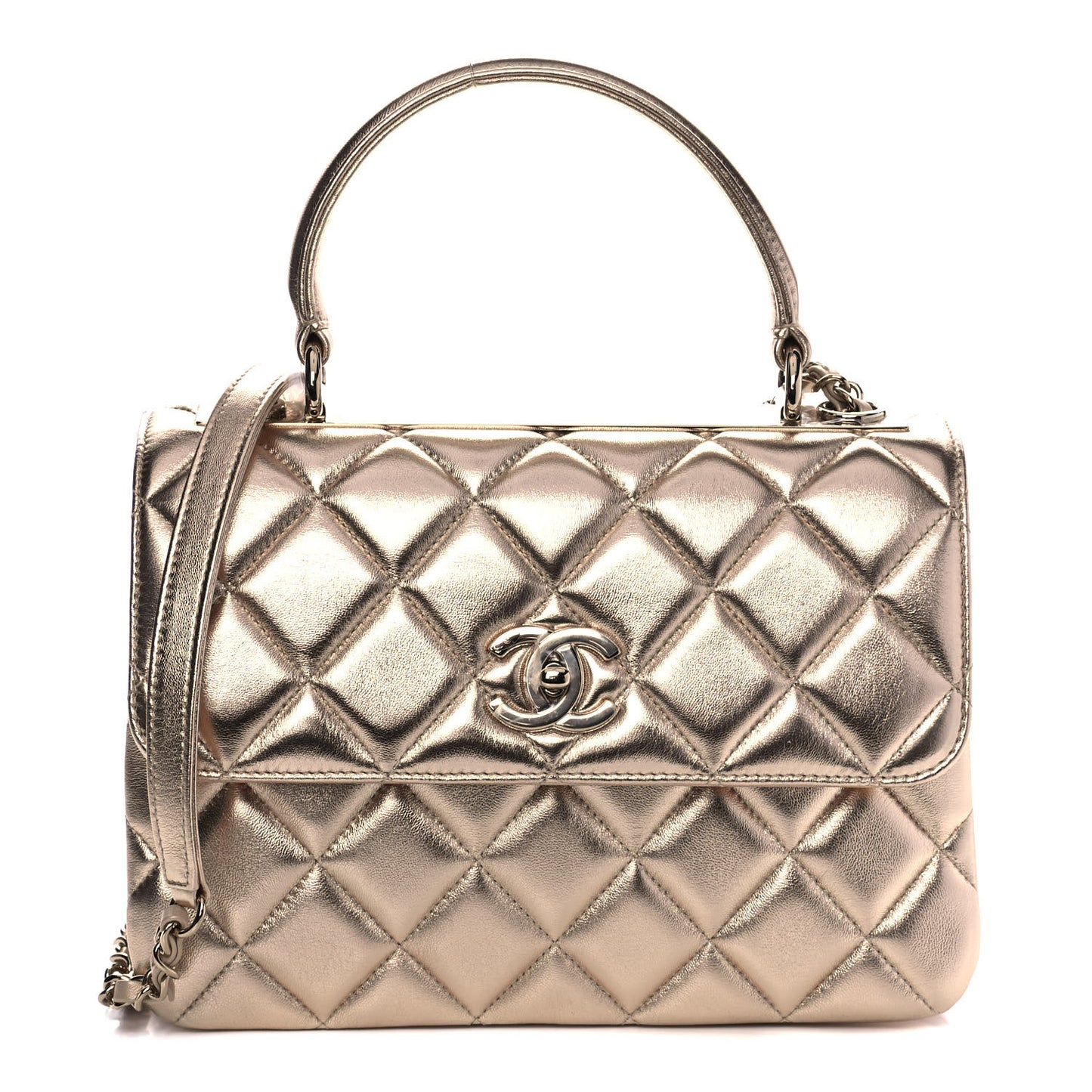 Metallic Lambskin Quilted Small Trendy CC Flap Dual Handle Bag Gold