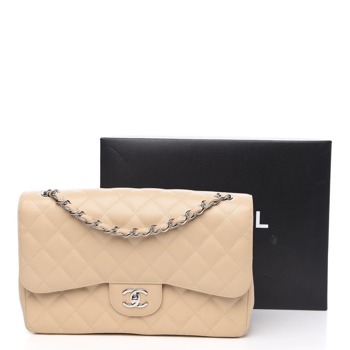 Caviar Quilted Jumbo Double Flap Beige Clair