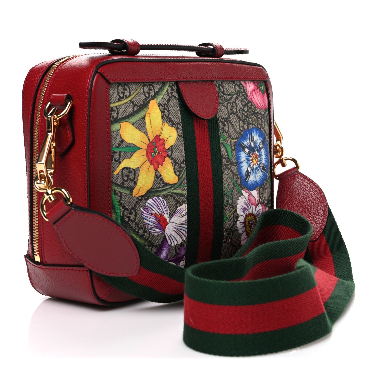 Gucci GG Supreme Monogram Flora Web Small Ophidia Top Handle Shoulder Bag Hibiscus Red 3 of 10