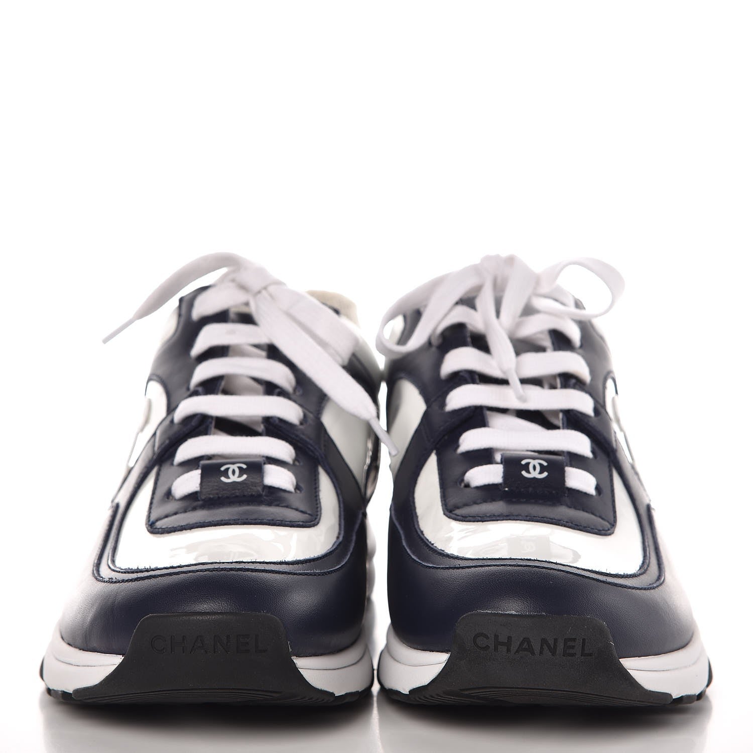 Chanel Patent Calfskin CC Sneakers 37.5 Navy White 2 of 11