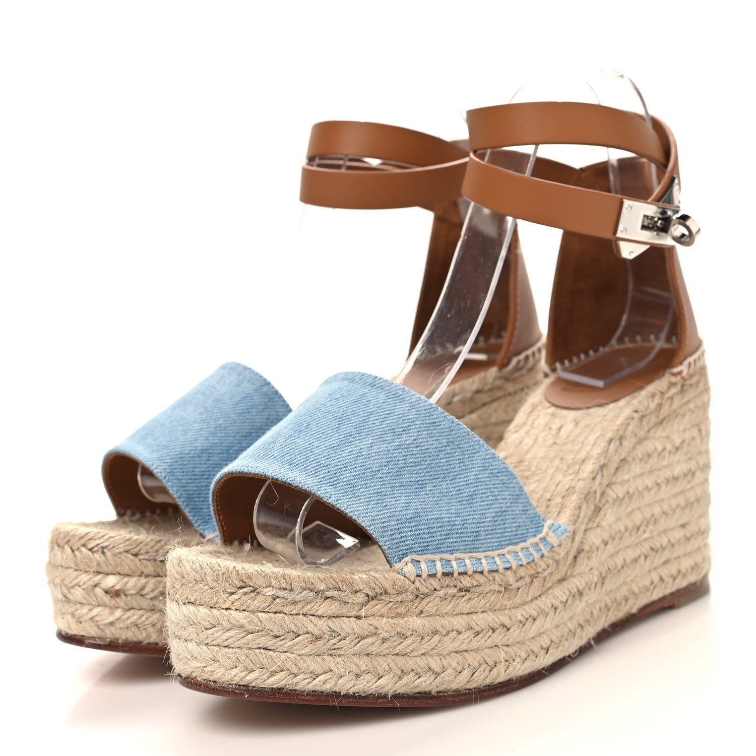 Hermes Denim Calfskin Tipoli Espadrille Wedge Sandals 38 Bleu Clair Naturel 3 of 8
