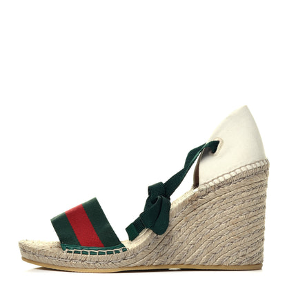 Gucci Canvas Malaga Kid Web Ankle Wrap Espadrille Wedge Sandals 40.5 Green Red Mystic White Emerald 1 of 11