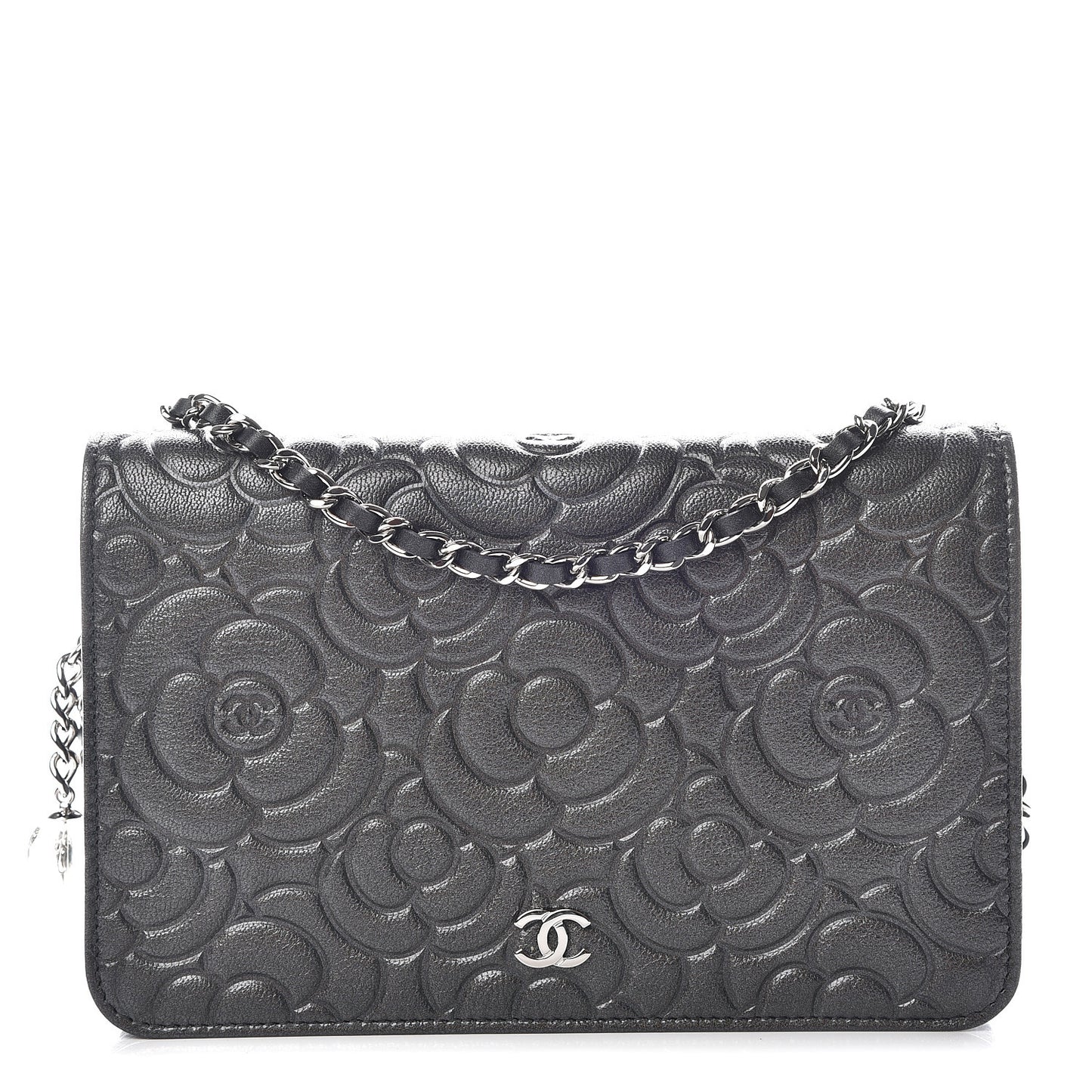 Goatskin Camellia Embossed Wallet On Chain WOC Grey