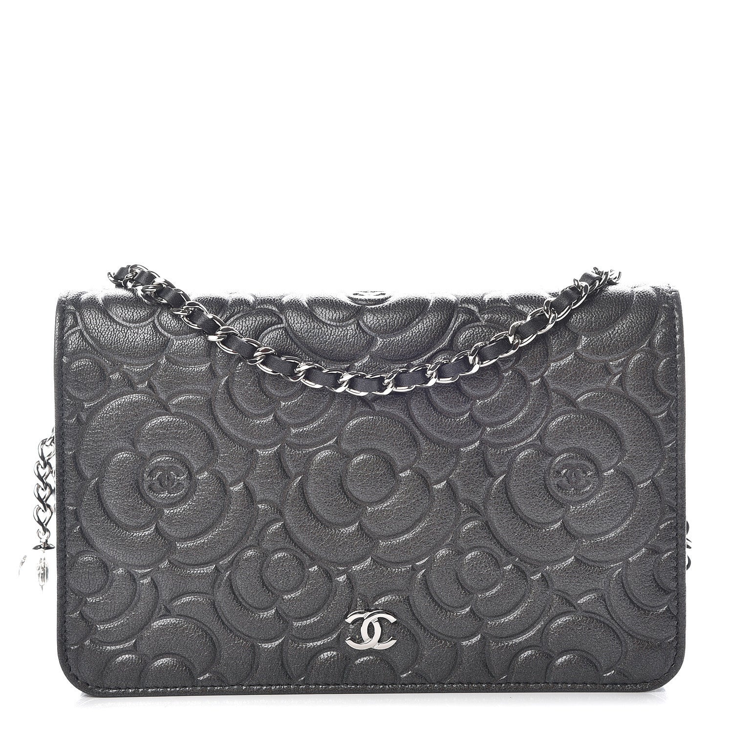 Chanel Goatskin Camellia Embossed Wallet On Chain WOC Grey 1 of 11