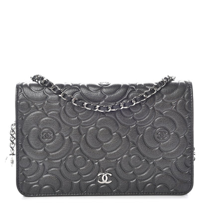 Chanel Goatskin Camellia Embossed Wallet On Chain WOC Grey 1 of 11