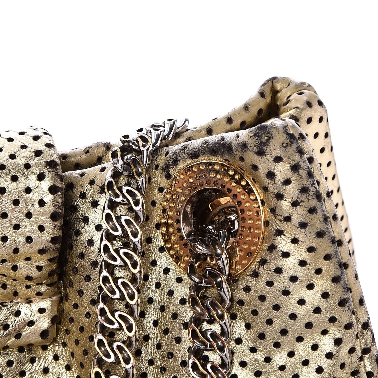 Metallic Crackled Calfskin Perforated Drill Shoulder Bag Gold