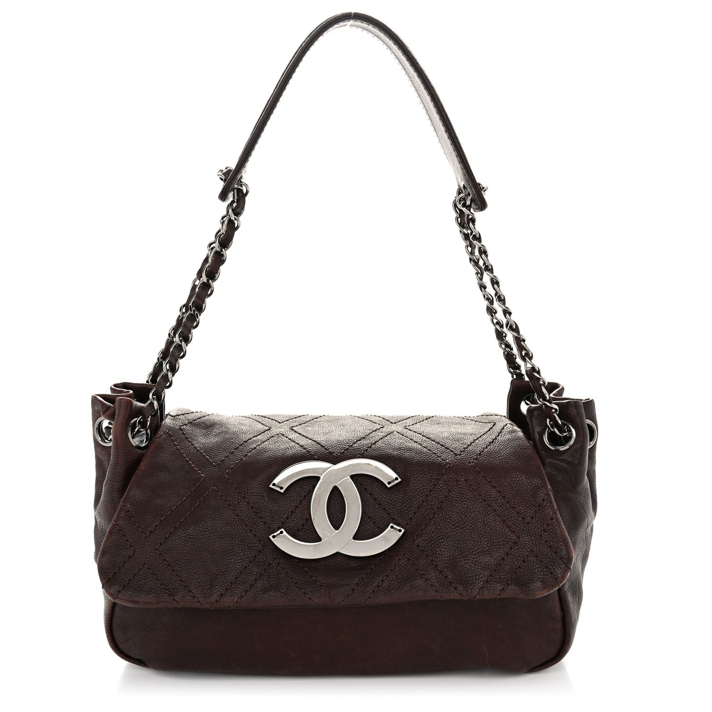 Calfskin Diamond Stitch Accordion Flap Brown