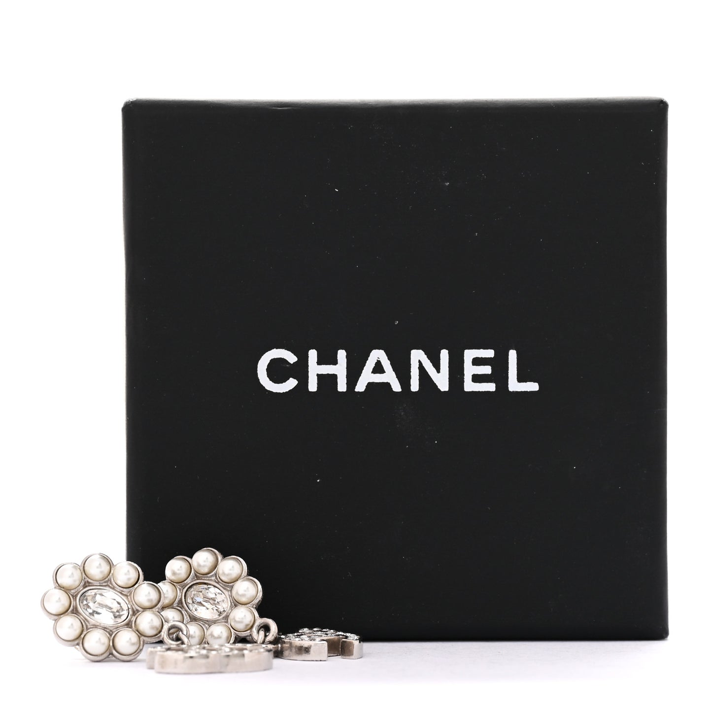 Crystal Pearl Coco Mark CC Drop Earrings Silver