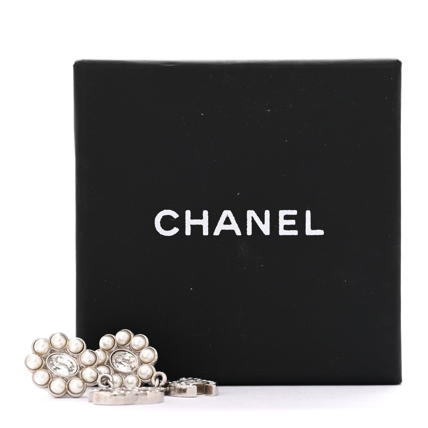 Chanel Crystal Pearl Coco Mark CC Drop Earrings Silver 5 of 5