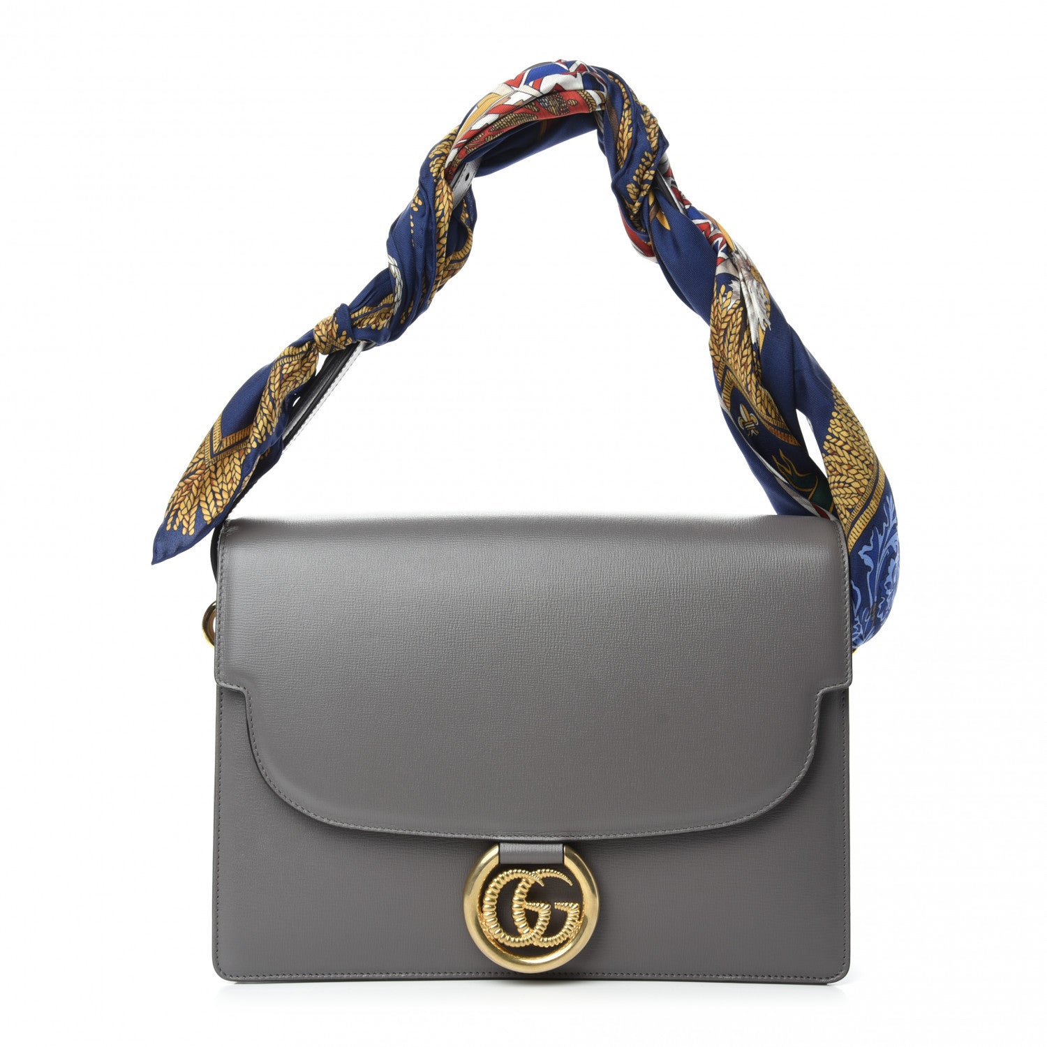 Gucci Textured Calfskin Silk Scarf Medium Torchon GG Ring Shoulder Bag Grey 1 of 11