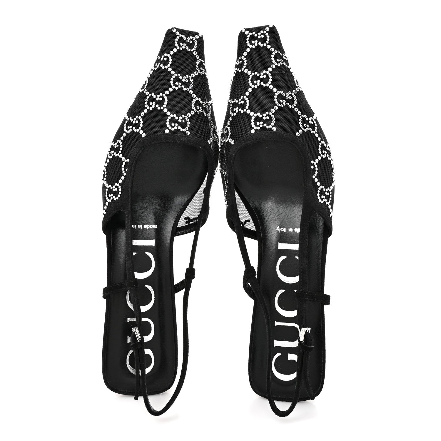 Gucci Tela Retino Kid Scamosciato Crystal GG Monogram Square G 35mm Slingback Pumps 38.5 Black 2 of 9