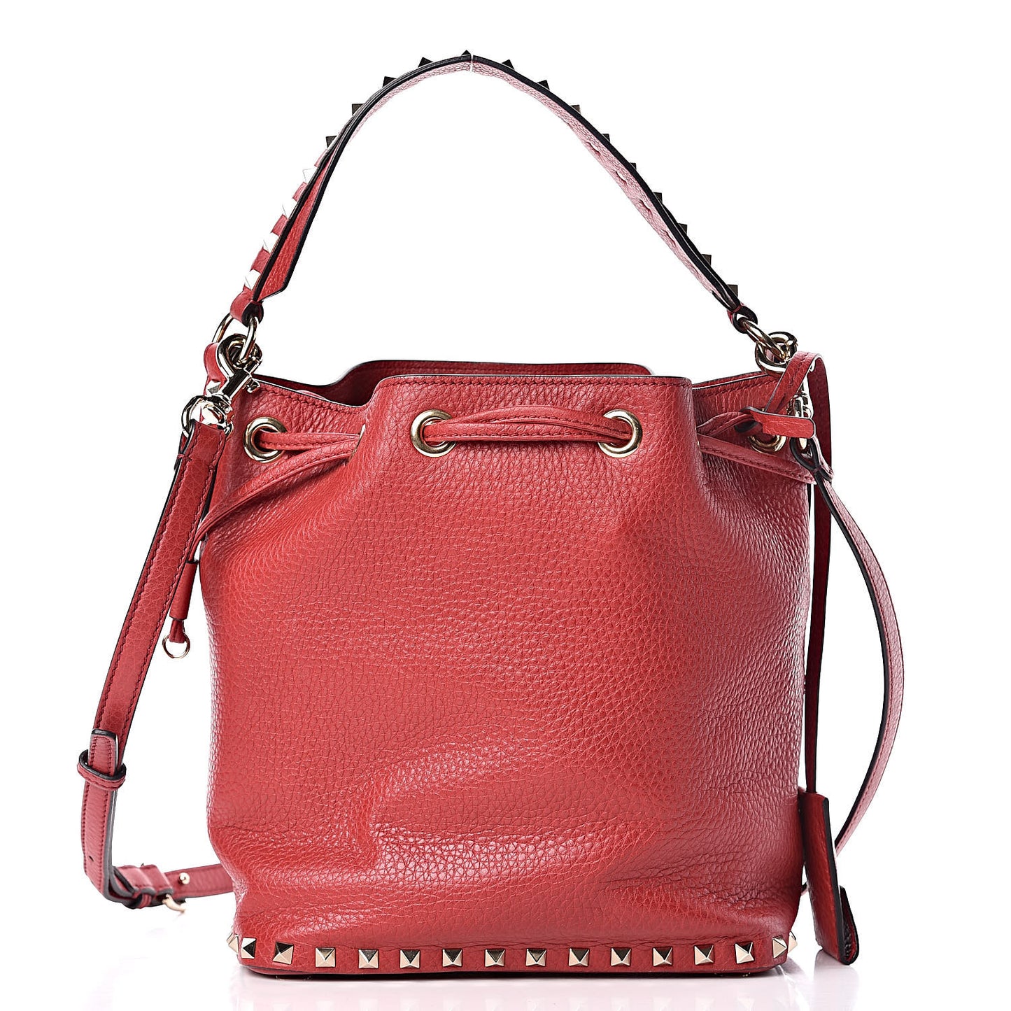 Pebbled Calfskin Small Rockstud Bucket Bag Red