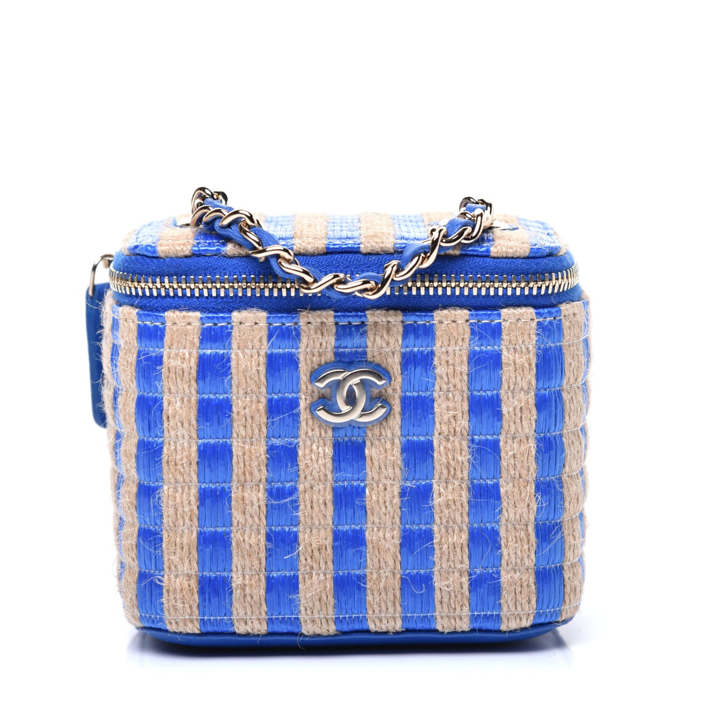 Raffia Jute Striped Mini Vanity Case With Chain Blue Beige