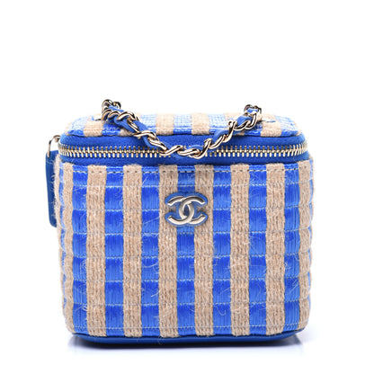 Chanel Raffia Jute Striped Mini Vanity Case With Chain Blue Beige 1 of 9