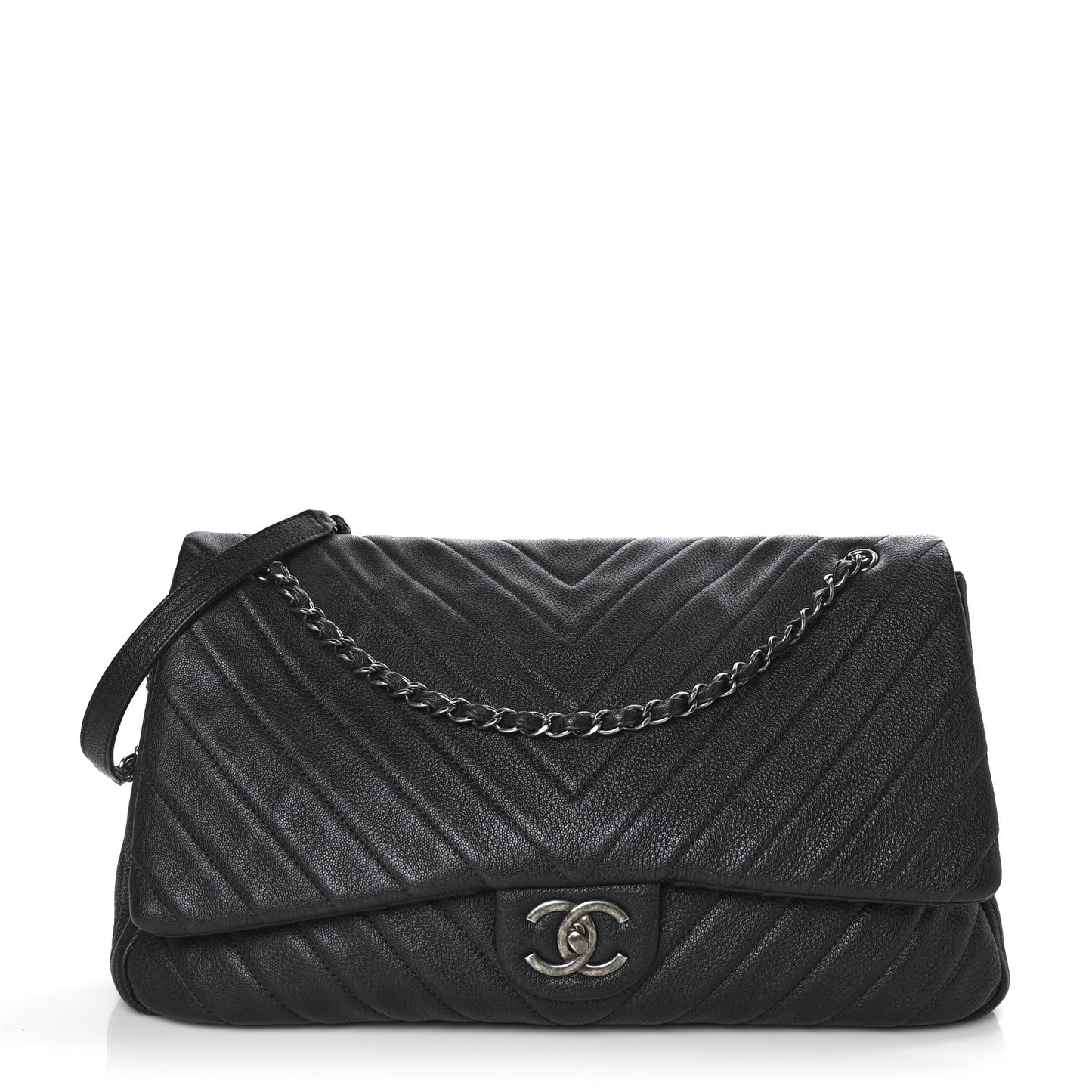 Calfskin Chevron Quilted XXL Travel Flap Bag Black