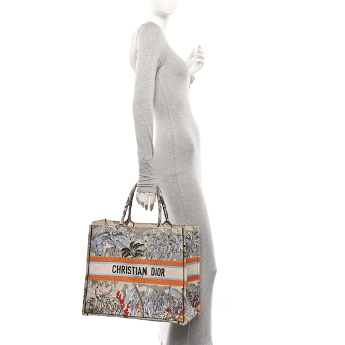 Canvas Embroidered Toile De Jouy Tropicalia Large Book Tote Denim Blue