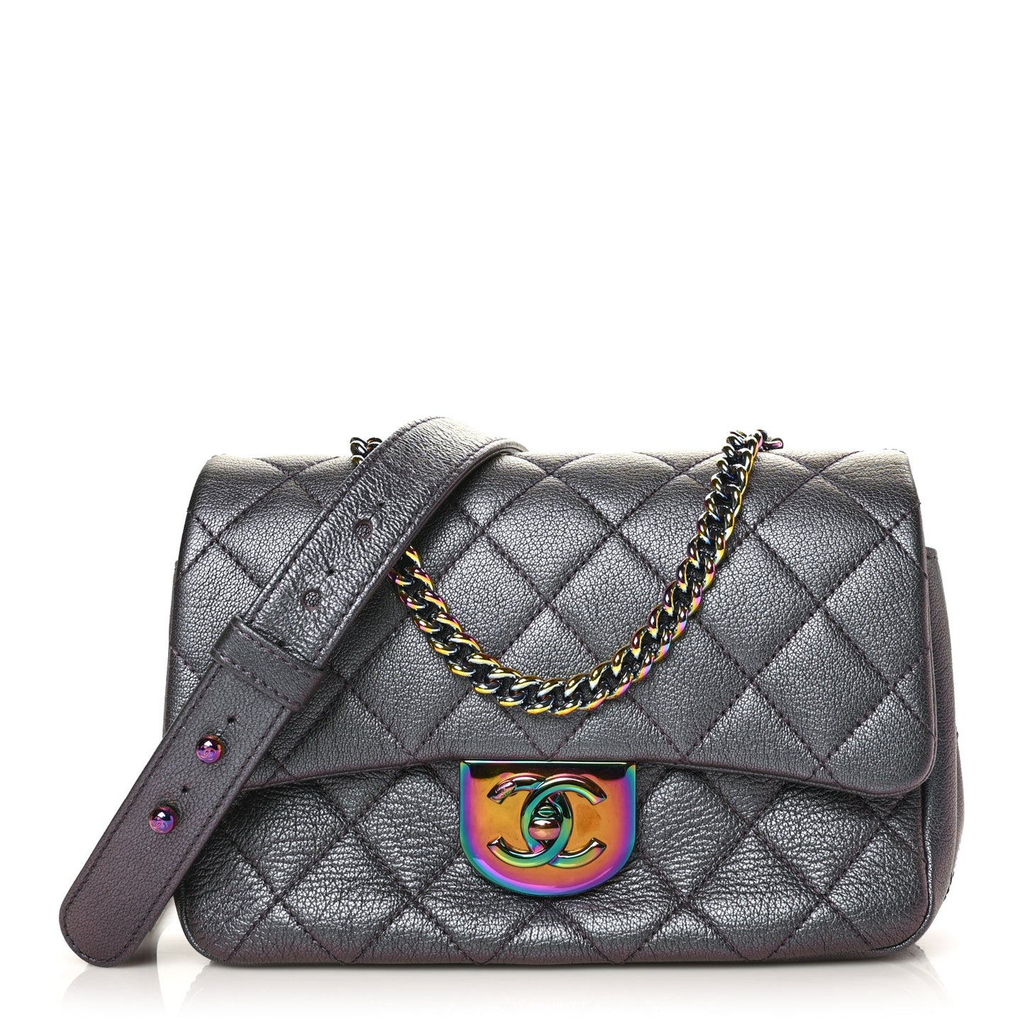 Iridescent Goatskin Quilted Small Double Carry Waist Chain Flap Purple