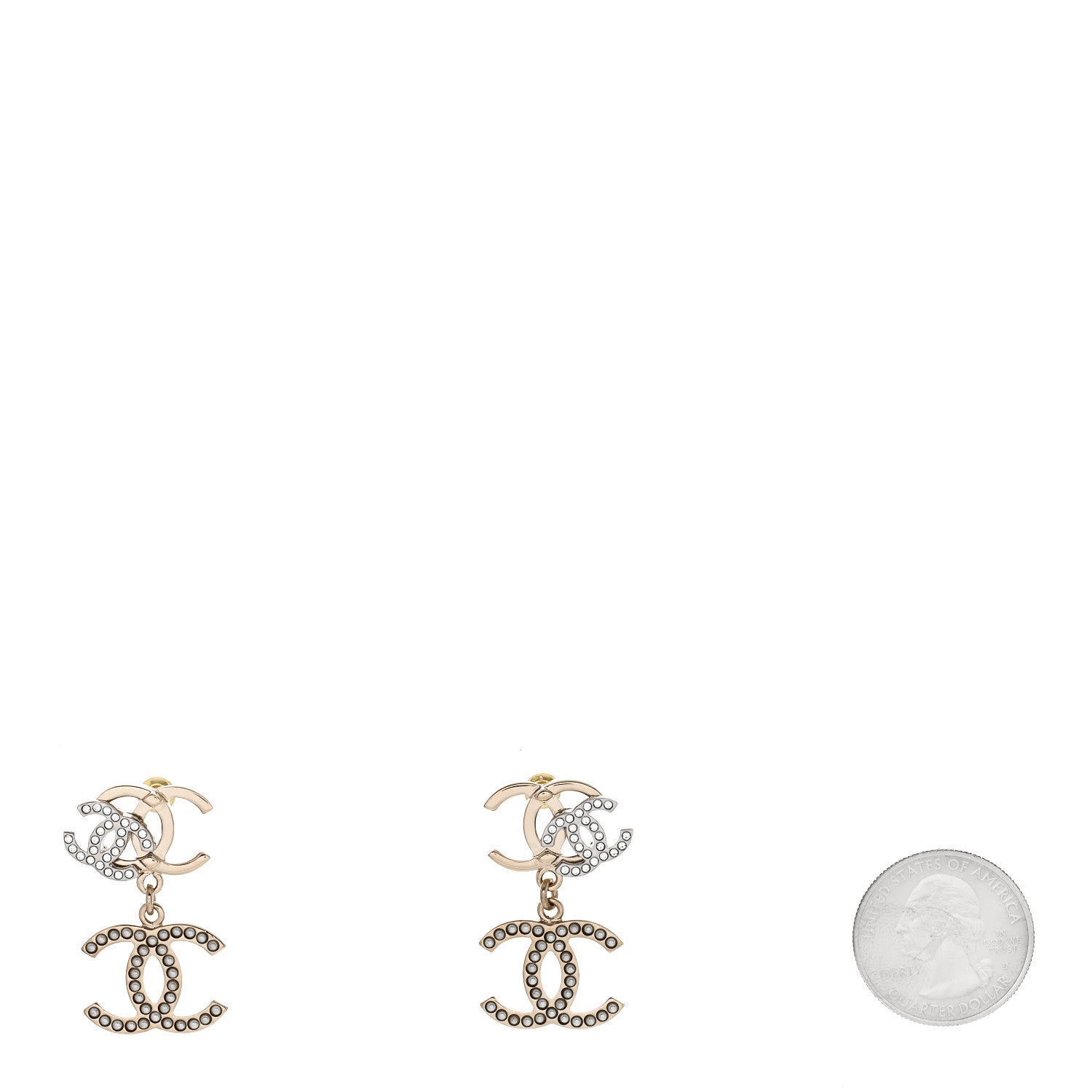 Chanel Crystal Pearl Double CC Drop Earrings Gold Silver 2 of 5