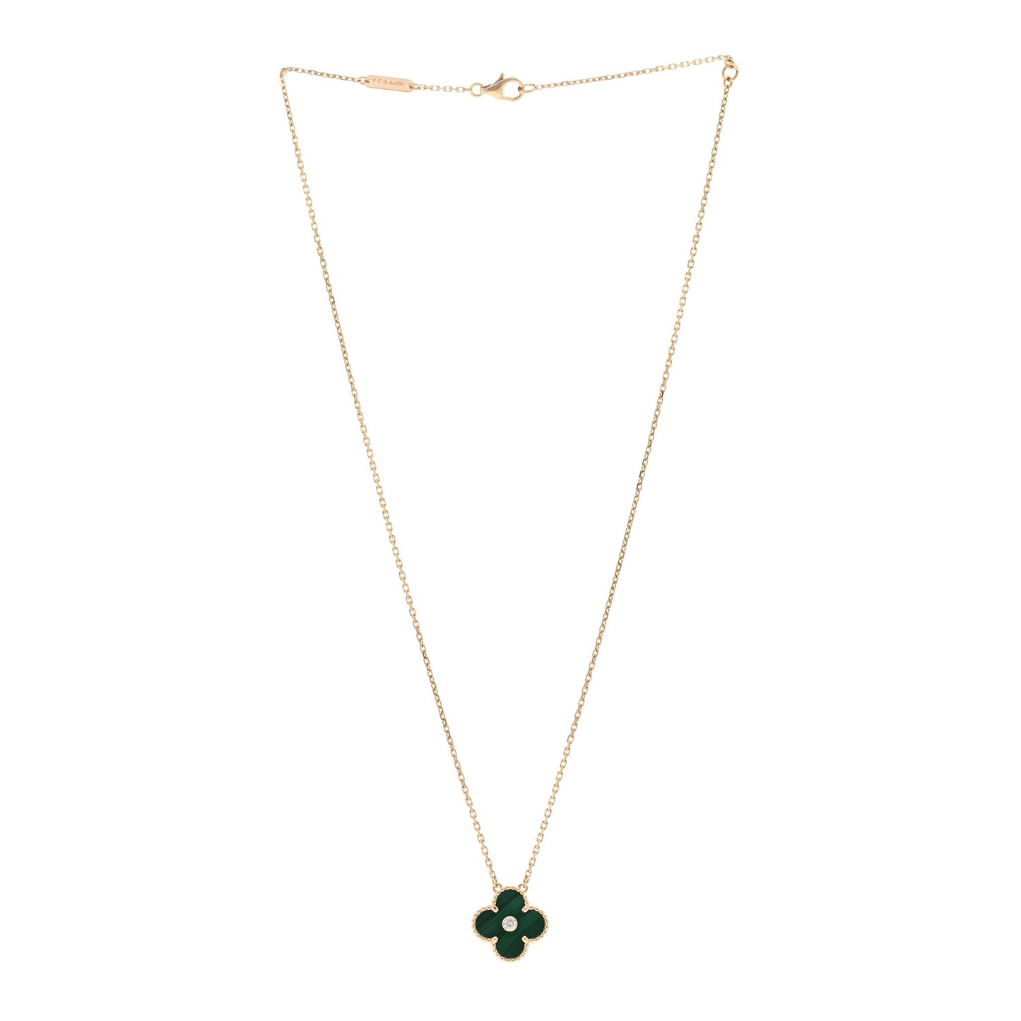 18K Yellow Gold Diamond Malachite Vintage Alhambra Pendant Necklace