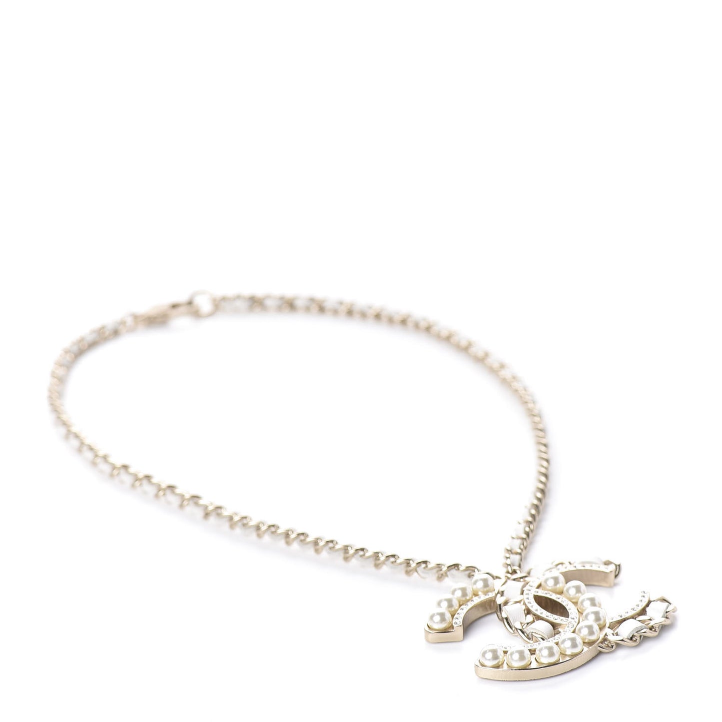 Pearl Crystal Lambskin Chain CC Necklace White Gold