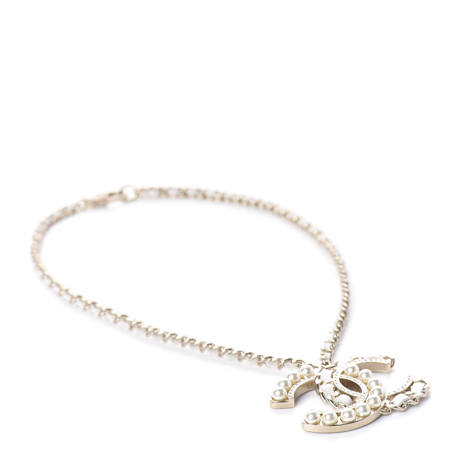 Chanel Pearl Crystal Lambskin Chain CC Necklace White Gold 4 of 8