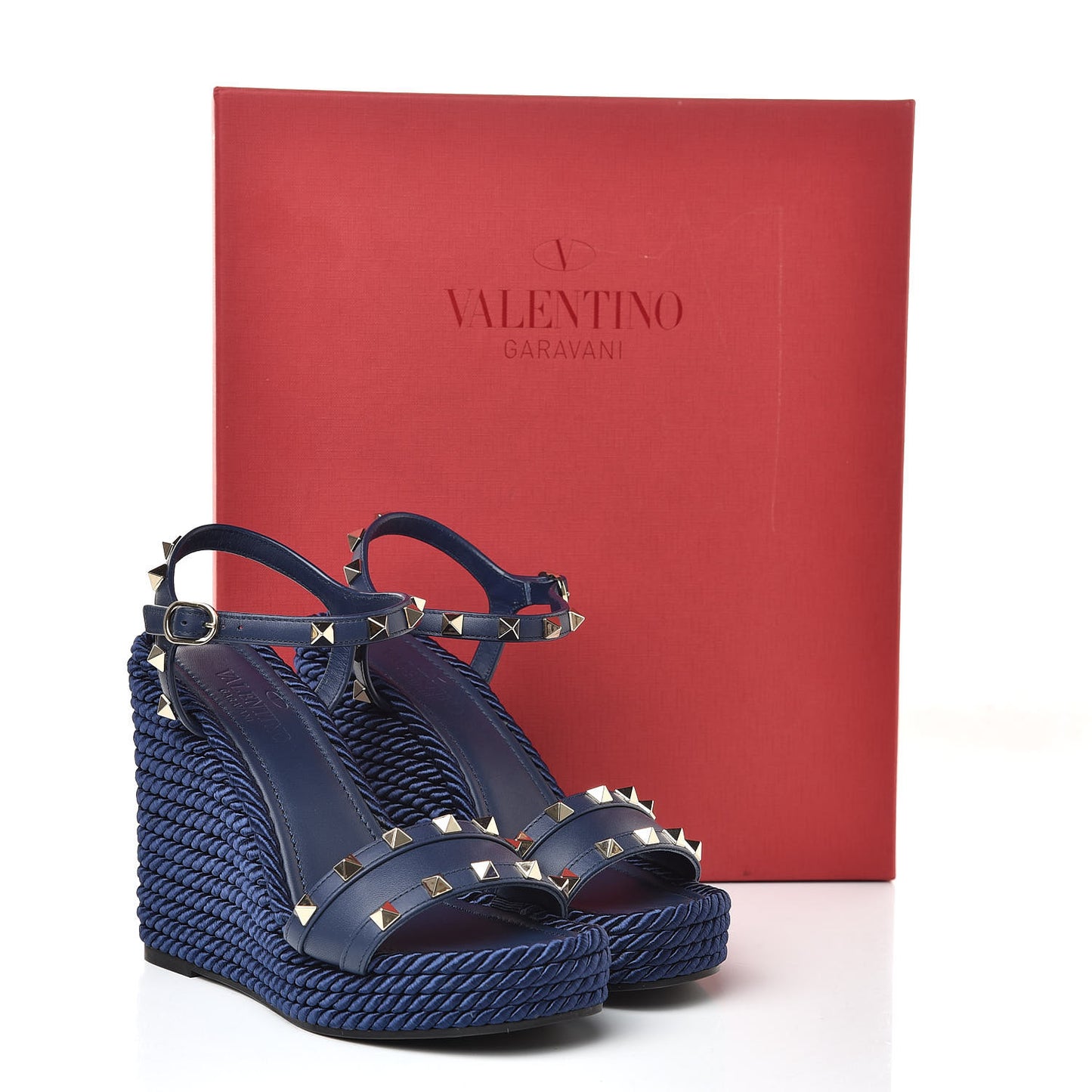 Calfskin Rockstud Torchon Espadrille 25/115mm Wedge Sandals 36 Pure Blue