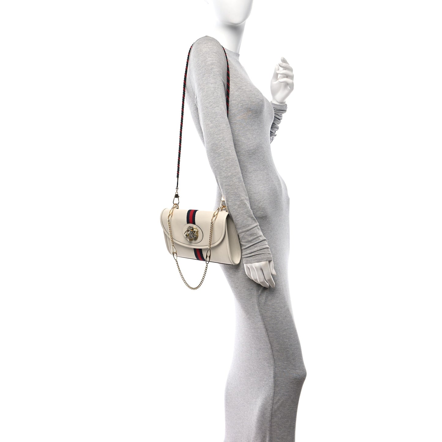 Textured Calfskin Web Small Rajah Slim Flap Shoulder Bag Mystic White