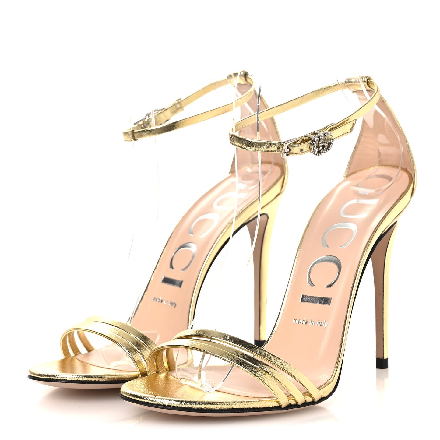 Metallic Crystal GG Ankle Strap High Heel Sandals 37 Gold