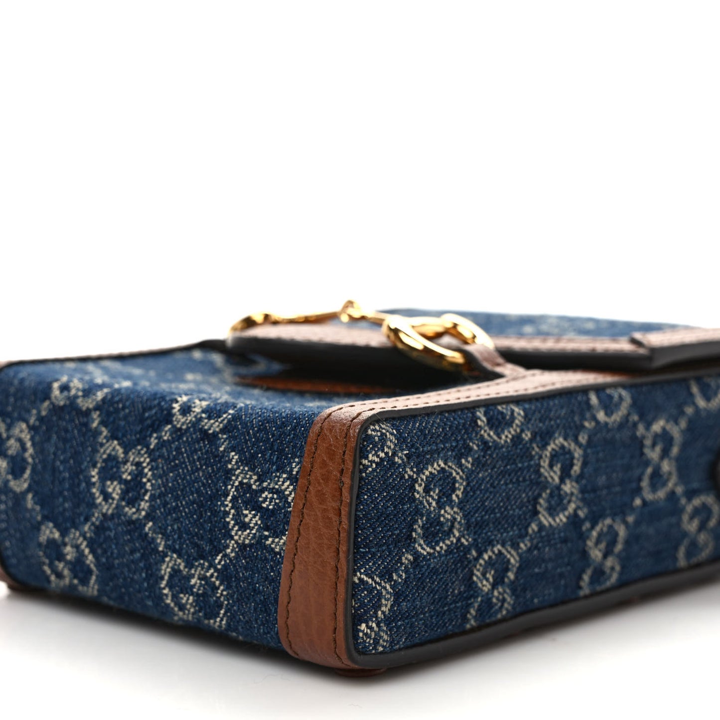 New Denim GG Monogram Dollar Calfskin Mini Horsebit 1955 Crossbody Bag Blue Tea Cuir Epilog